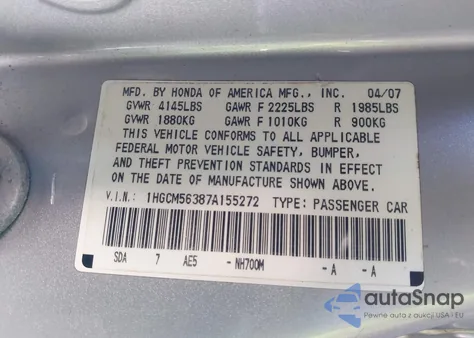 2007 Honda Accord 2.4 Se z USA, uszkodzony, nr VIN 1HGCM56387A155272